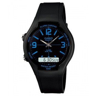 【CASIO】經典簡約商務型雙顯錶-數字藍面(AW-90H-2B)正版宏崑公司貨