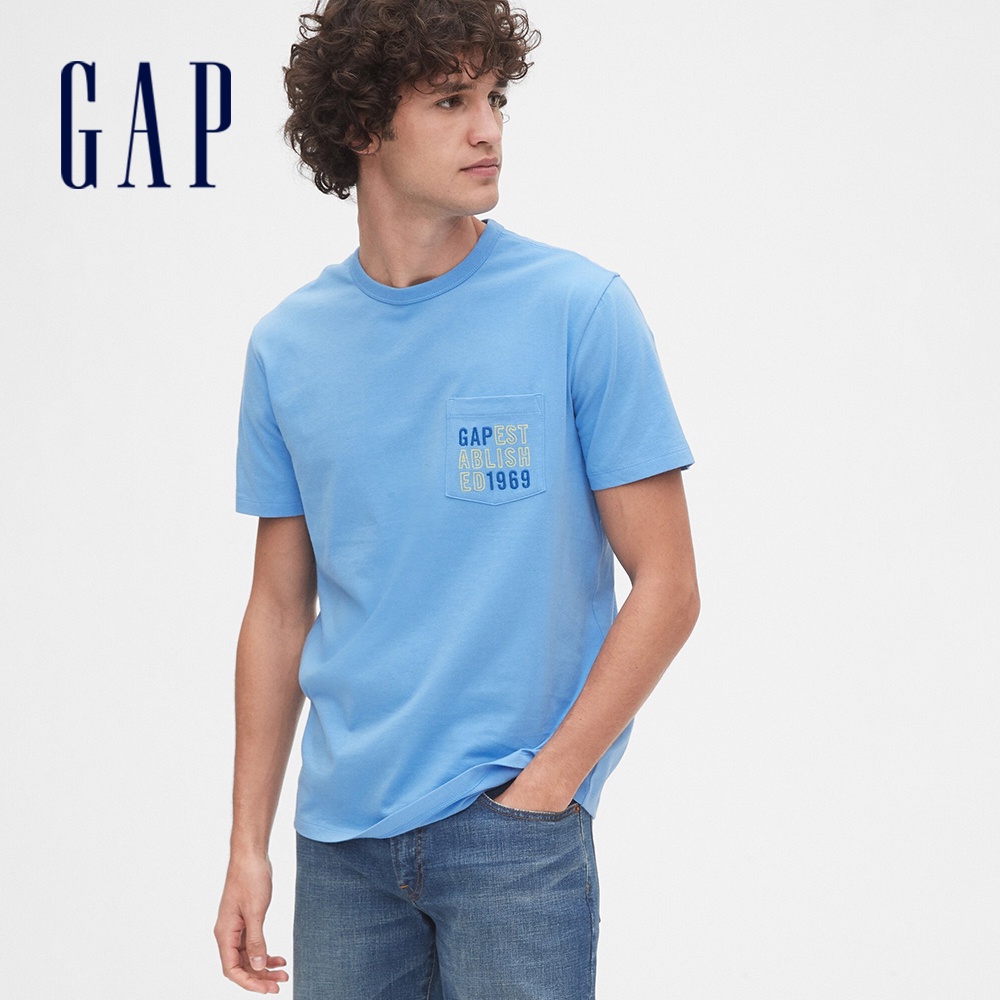 Gap 男裝 Logo口袋圓領短袖T恤-藍灰色(579623)