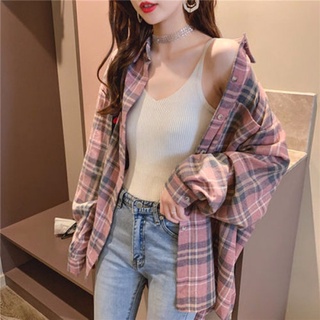 📣📣現貨✔️S-2XL👗長袖格子襯衫👗休閒襯衫 春裝新款上衣設計感小眾複古港味襯衣女 格子襯衫防曬衫 正韓上衣 女生衣著