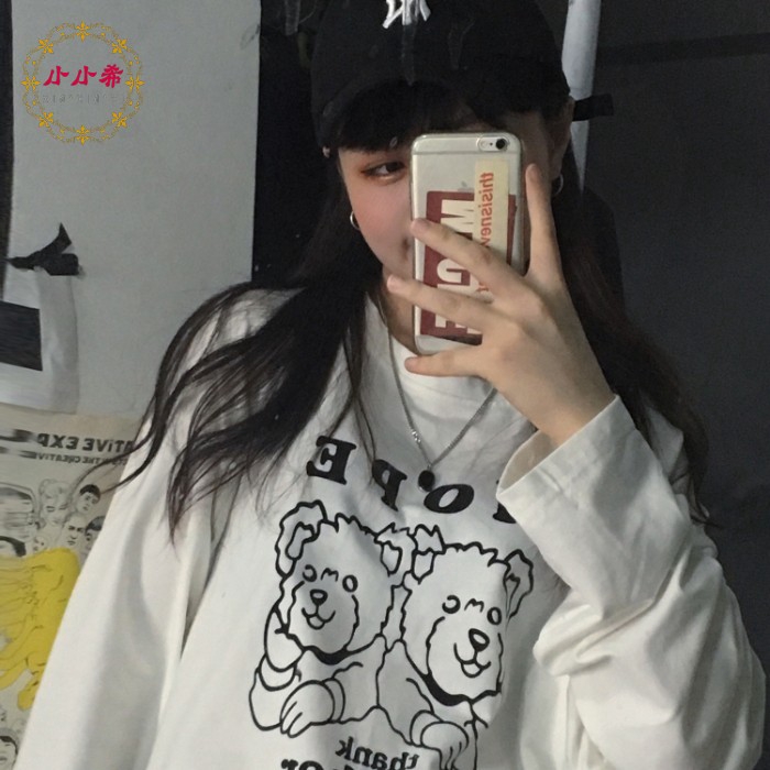 快速出貨大學t Ins熱門鬼馬系少女趣味卡通印花韓風長袖上衣原宿風寬鬆百搭長袖女閨蜜裝班服韓妞必備