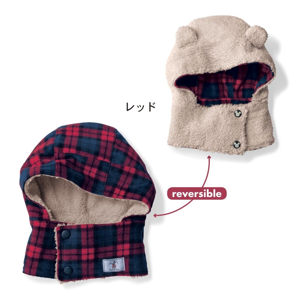 日本正品Disney 迪士尼 絨毛造型保暖帽 圍巾 套頭帽 雙面用 米奇紅色款 (現貨在台)