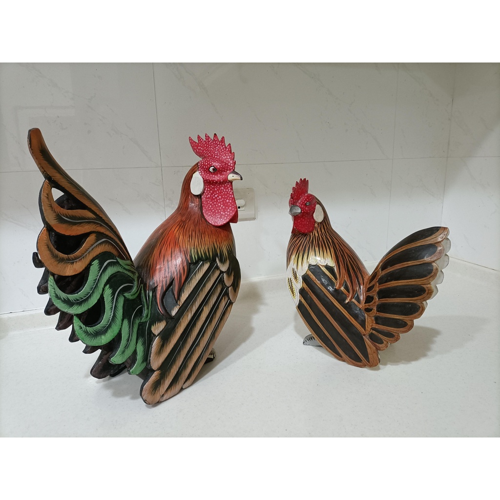 【繽紛小棧】木雕手工彩繪大雞一對，公雞高38cm, 母雞高31cm