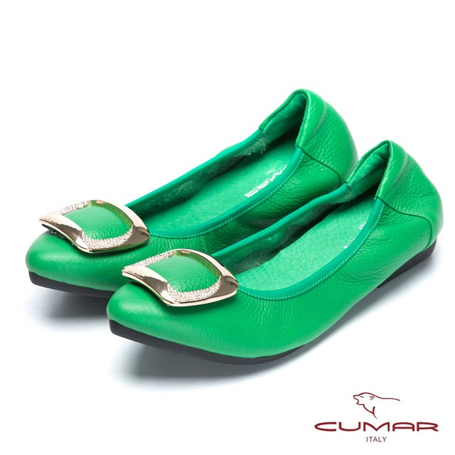 【CUMAR】舒適真皮 水鑽金屬裝飾平底包鞋 - 綠色