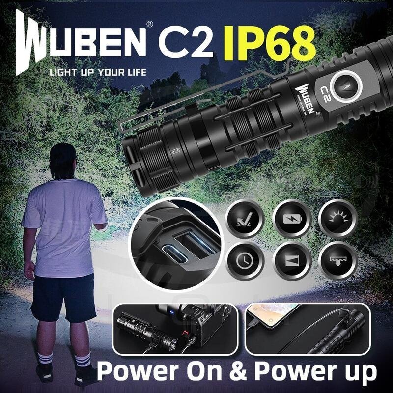 信捷【A120】WUBEN C2 2000 流明 戶外強光手電筒 USB-C充電 戶外登山露營 可當行動電源