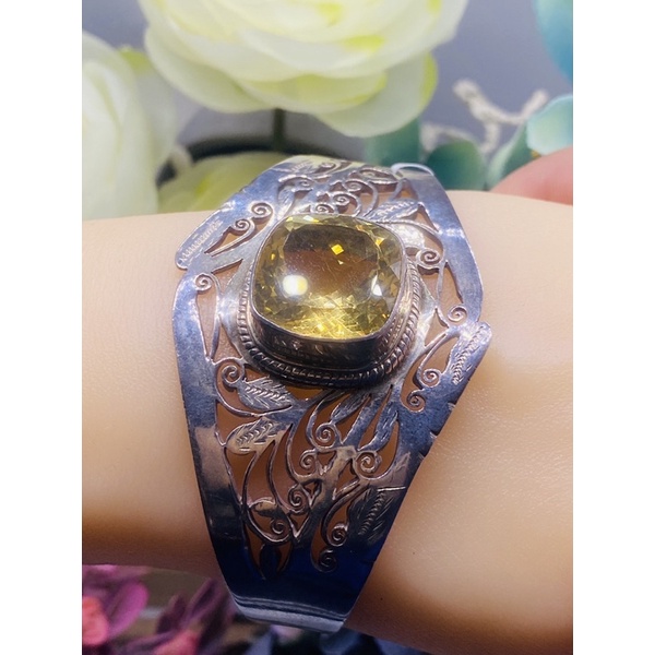 《天后寶石》S925純銀鑲嵌尼泊爾天然黃水晶手環，開口可調