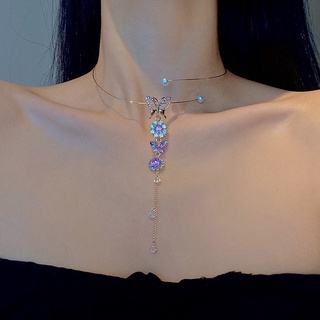 新款紫色蝴蝶水鑽流蘇珍珠氣質時尚項鍊