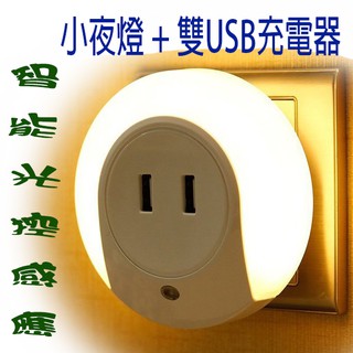 【現貨超商免運】雙USB充電器感光小夜燈 自動感光