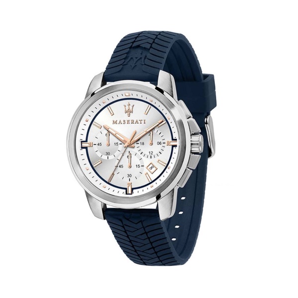 【Maserati 瑪莎拉蒂】經典三眼矽膠胎紋設計時尚腕錶-藍銀款/R8871621013/台灣總代理公司貨享兩年保固