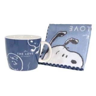 【現貨】小禮堂 Snoopy 陶瓷馬克杯方巾組 310ml (藍大臉款)