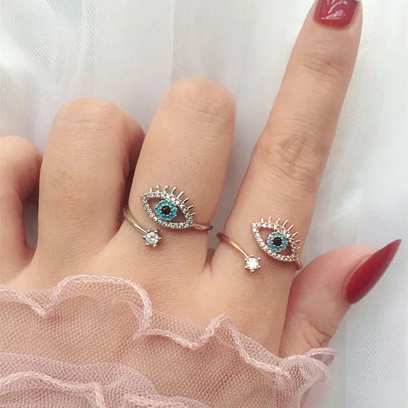 時尚簡約土耳其藍色立方鋯石邪惡之眼戒指 / 女士可調節開口戒指 / 女士光滑細薄指環 / 創意訂婚波西米亞珠寶禮物