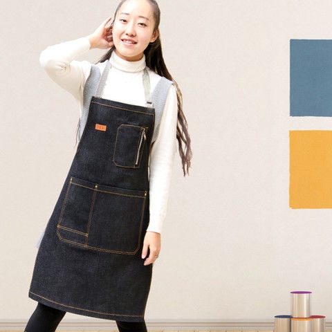 圍裙# 韓版牛仔圍裙工作服男女咖啡師餐廳餐飲畫室定制logo印字包郵