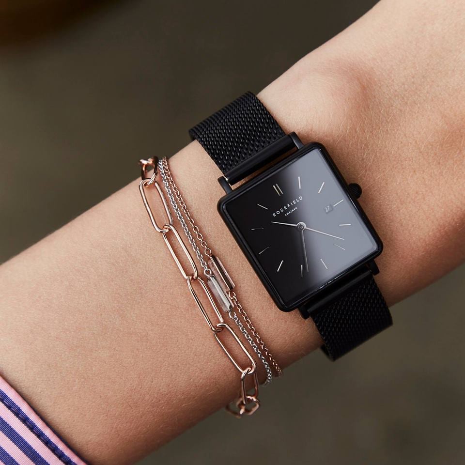 【Rosefield】紐約時尚手錶女錶現貨，首賣特價85折，全黑方形金屬鍊條錶帶，錶面33mm可用於Cluse，保證正品
