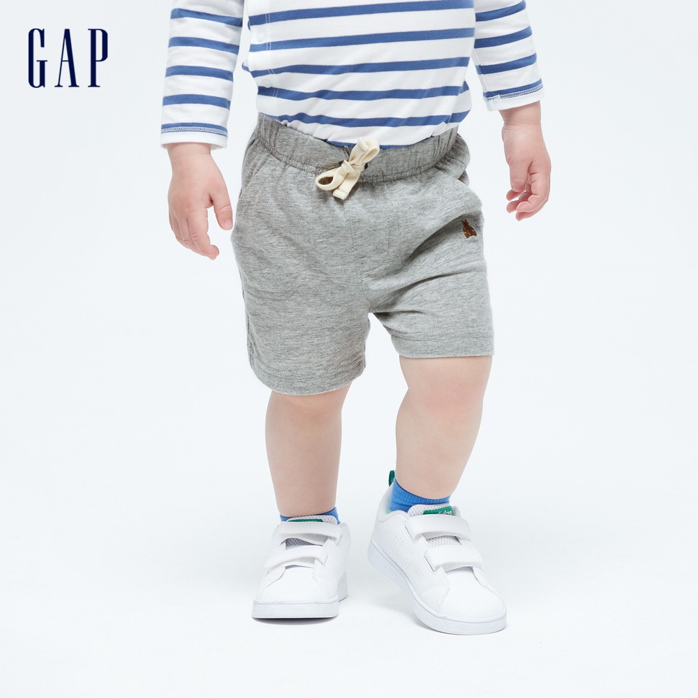 Gap 嬰兒裝 小熊刺繡抽繩鬆緊短褲 布萊納系列-淺灰色(729139)