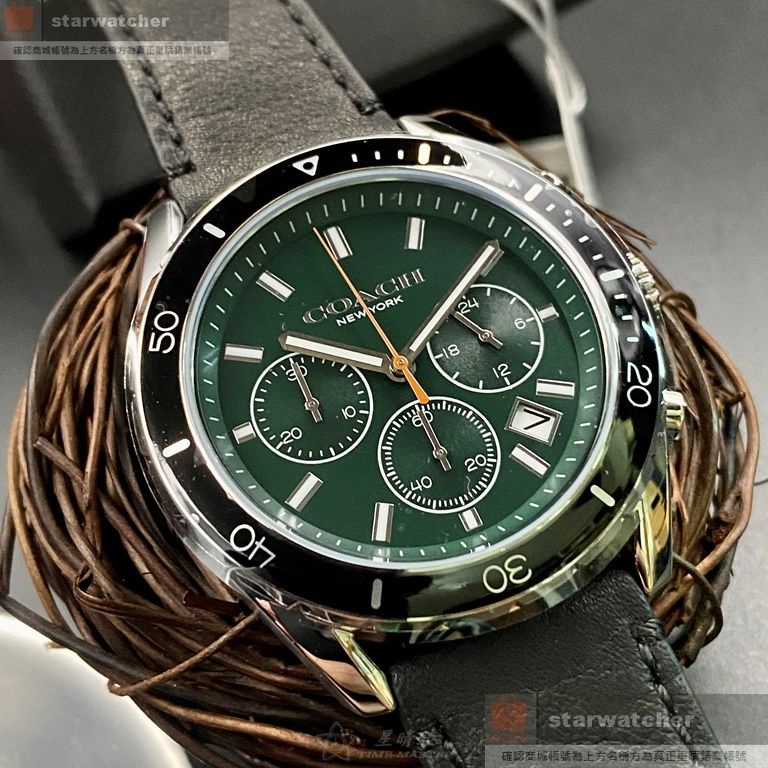 COACH手錶,編號CH00123,42mm銀黑圓形精鋼錶殼,墨綠色三眼, 運動錶面,深黑色真皮皮革錶帶款,星晴錶大推薦