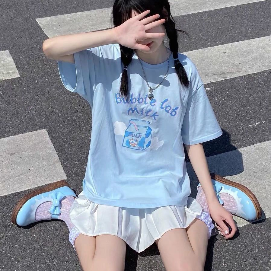 夏季日系ins可愛卡通牛奶盒印花寬松藍色短袖t恤女軟妹學生上衣服/ydnnz