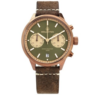 elegantsis 計時日期防水100米 真皮手錶 墨綠x古銅金框x褐/43mm