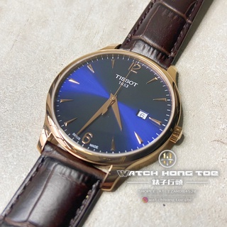 []錶子$行頭[] TISSOT 天梭 簡約 太陽紋表盤 輕薄 腕錶-皮帶/藍面玫瑰金 (T0636103604700)