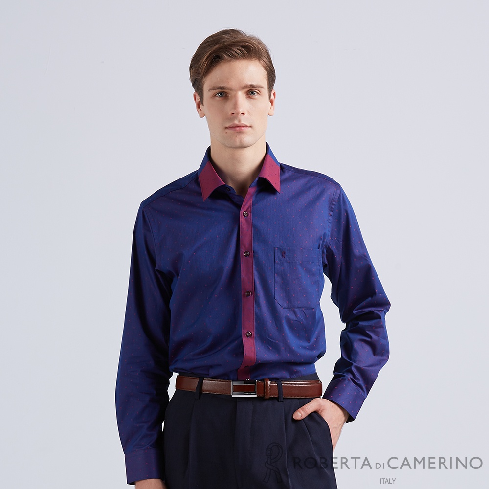 【ROBERTA諾貝達】 商務襯衫 印度素材 純棉修身版 絲的光澤長袖襯衫 RDJ37-78藍