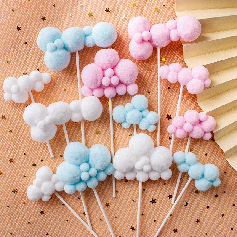 【五日工坊】彩色雲朵毛球插件(白色/粉色/藍色) 生日蛋糕裝飾 網紅雲朵裝飾 白雲裝飾 彩虹花朵 可愛兒童慶生 烘焙甜點