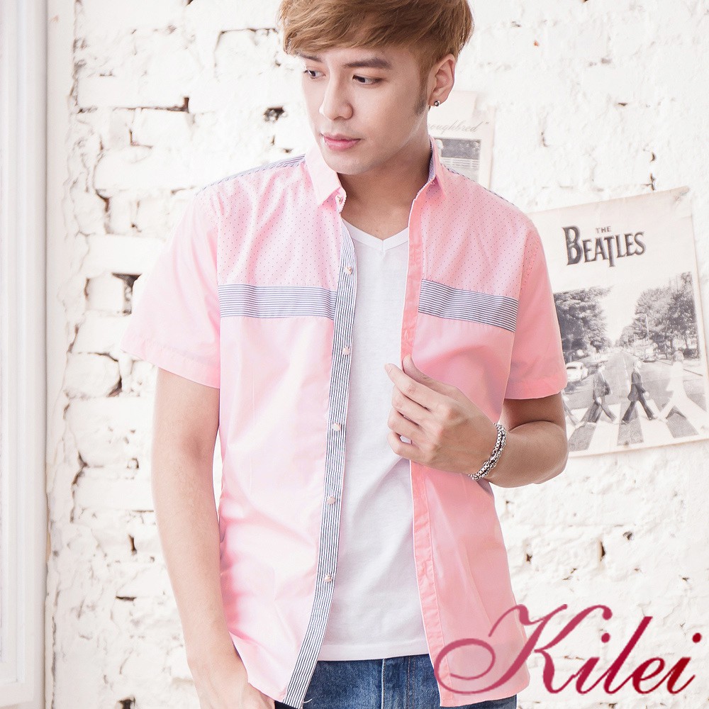 【Kilei】簡約撞色橫條短袖襯衫XA1459(優質粉)賠售特價