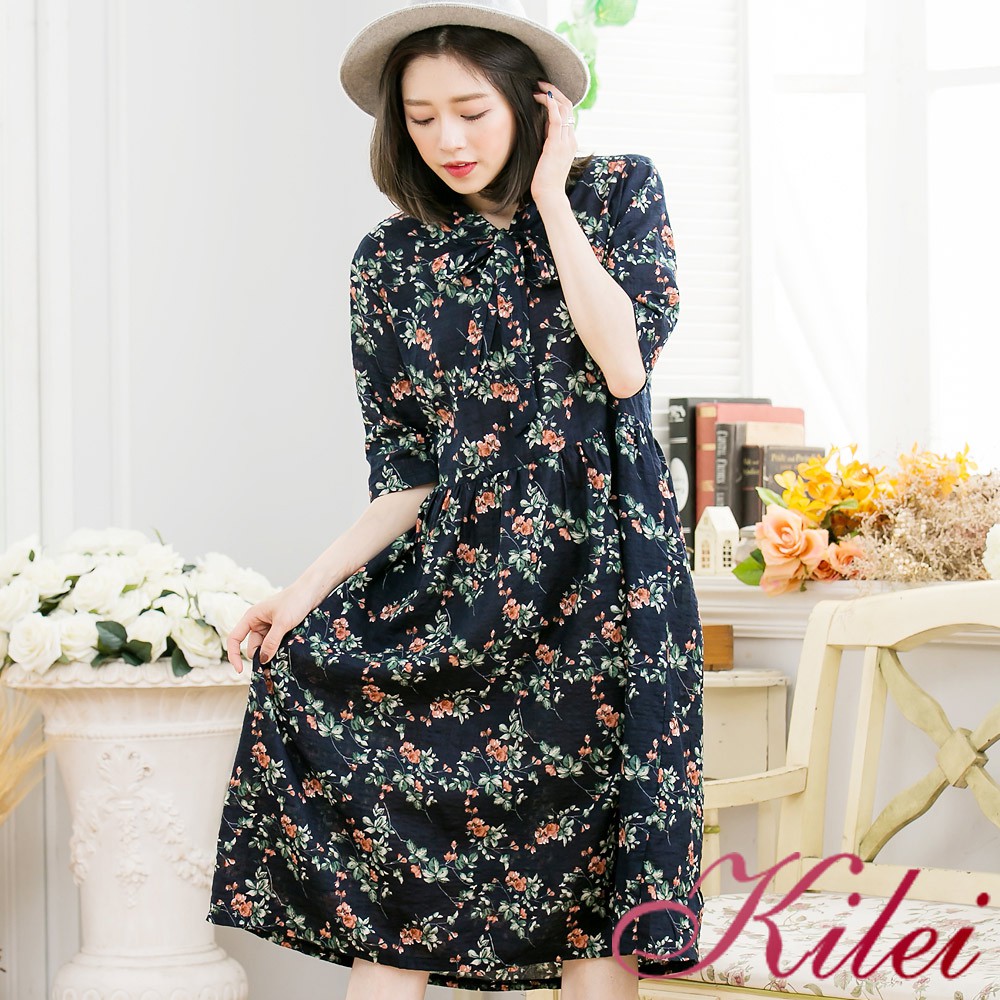 【Kilei】印花朵V領綁蝶結洋裝XA3330-01(清新藍)大尺碼