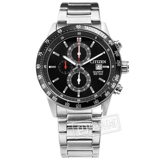 CITIZEN / AN3600-59E / 經典三眼 計時碼錶 日期 日本機芯 防水 不鏽鋼手錶 黑色 44mm