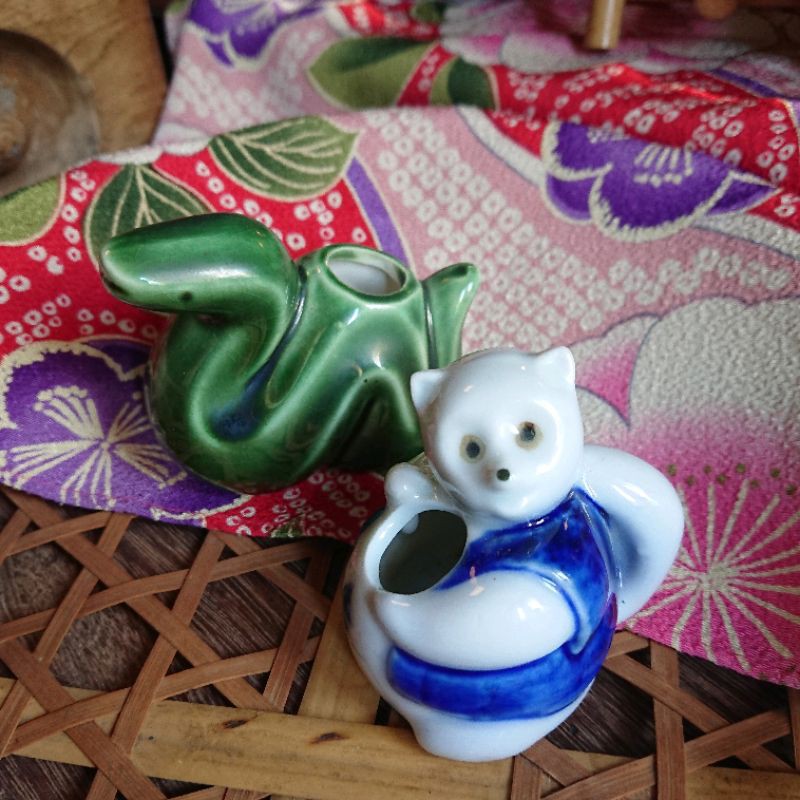 日本帶回小動物陶燒 瓷器 小狸貓 綠青蛇 陶瓷置物 牙籤罐小盒