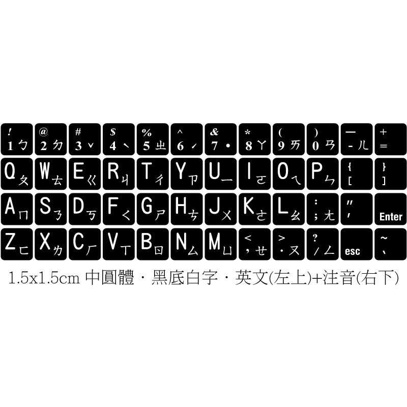 ◎【綠光艸堂】訂製鍵盤貼紙.1.5x1.5cm‧中圓體‧黑底白字‧英文(左上)＋注音(右下)