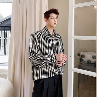 【M-3XL】男士韓版長袖襯衫高級潮流休閒千鳥格時尚潮流上衣