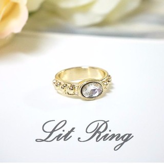 【Lit Ring】水鑽圓點戒指。金色 圓形鉚釘 凸點 鑲橢圓形水鑽 閃亮 戒指 飾品 首飾
