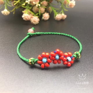 娜娜手作🌹泰國 蠶絲彩金蠟線 桃花 草莓晶 手環 招桃花 手工編織 客製化 簡約 浪漫 花朵 本命年 開運