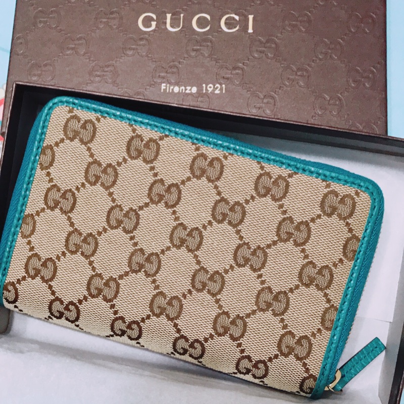 正品Gucci經典Logo中長夾 內層靛藍真皮大容量中夾現貨