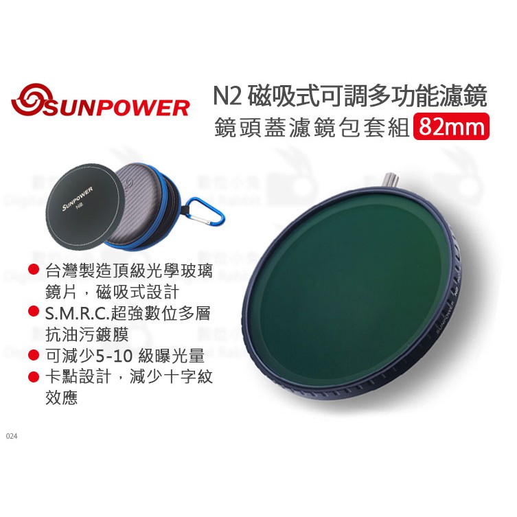 數位小兔【SUNPOWER 磁吸式 N2 減光鏡 可調多功能濾鏡 鏡頭蓋濾鏡包套組】ND鏡 收納包 防潑水鍍膜 公司貨