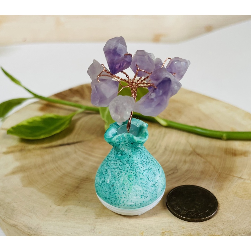 🍎九月秋🌱🍎綠色陶瓷小花瓶  紫晶骨幹擺件