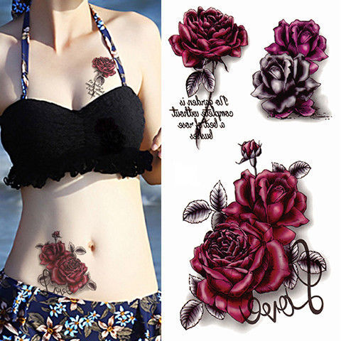 現貨刺青貼紙玫瑰花紋身貼貼紙防水女款持久性感3d立體剖腹產遮疤痕鎖骨胸腹貼 蝦皮購物