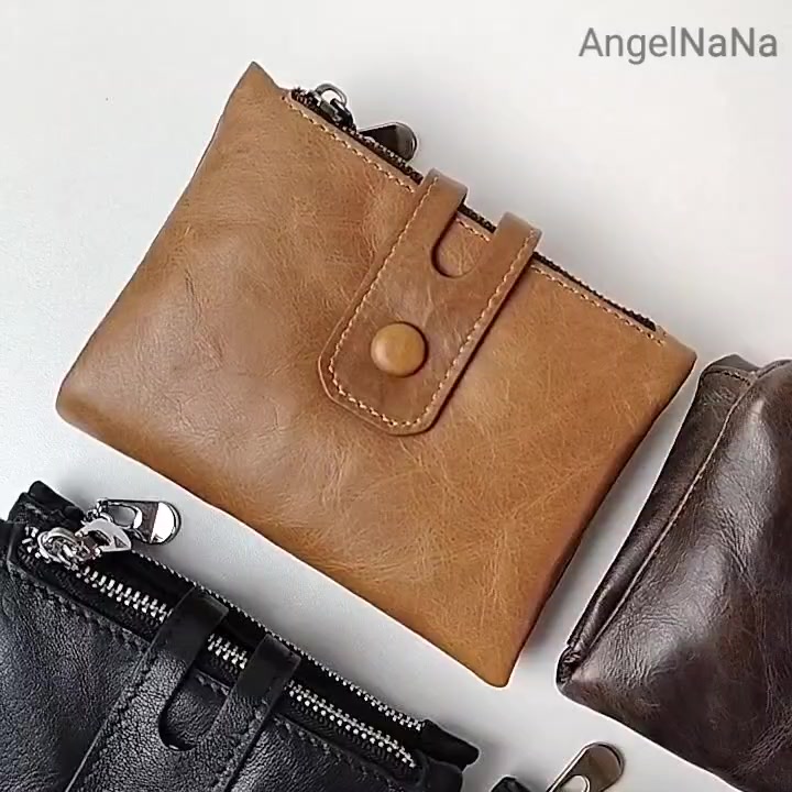 【AngelNaNa】真皮短夾-復古牛皮雙拉鍊搭釦皮包零錢包2折皮夾 (SMA0255)