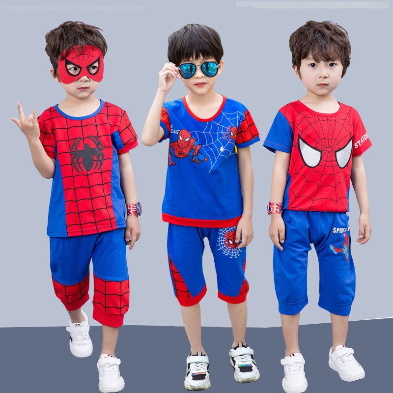 男童蜘蛛人短袖 兒童超人短袖兩件套夏季純棉男孩運動卡通衣服