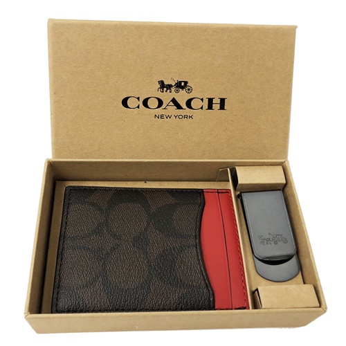 【COACH】C LOGO後夾式信用卡片名片夾禮盒(深咖/紅)