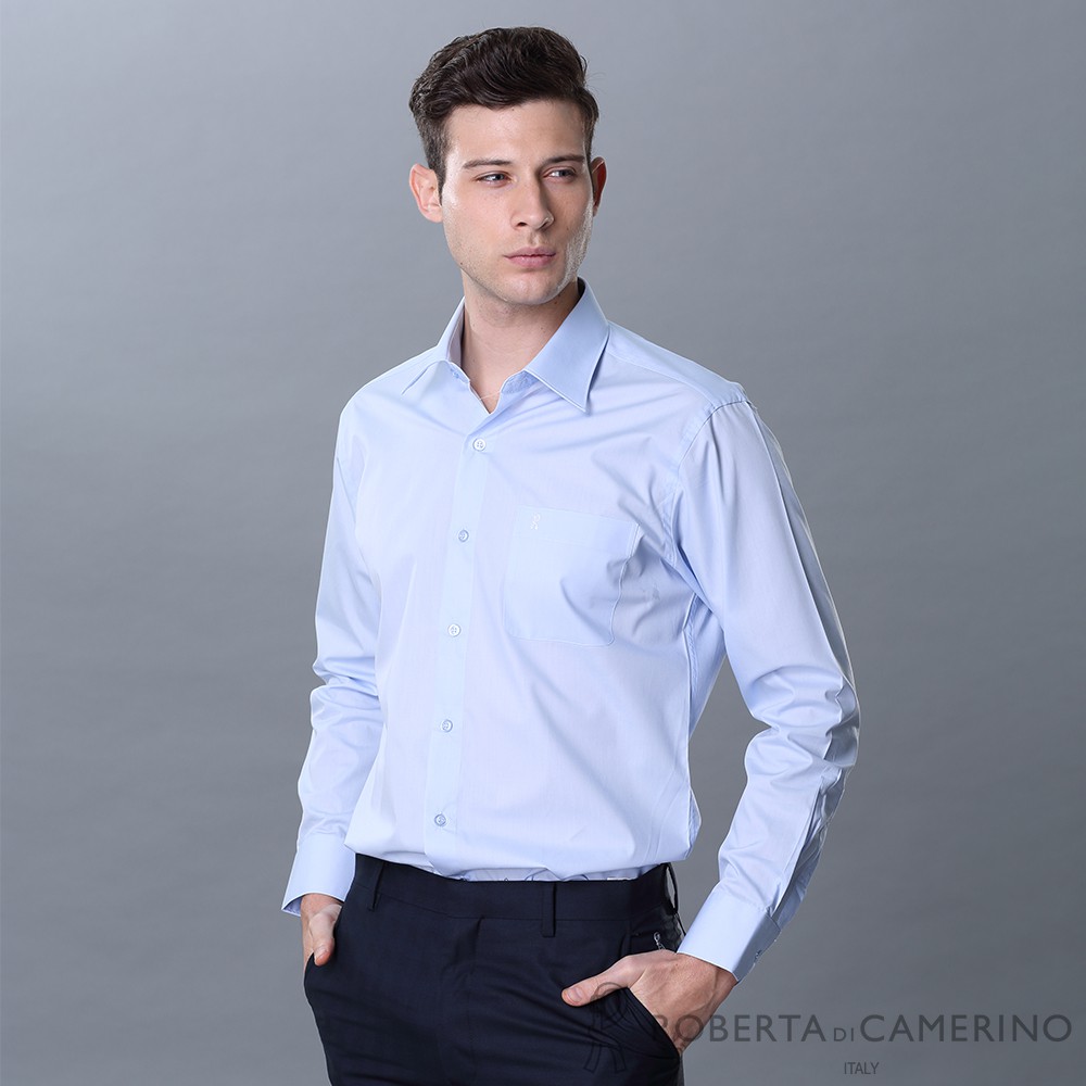 ROBERTA諾貝達 台灣製 合身版 商務型男 素面長袖襯衫 藍色
