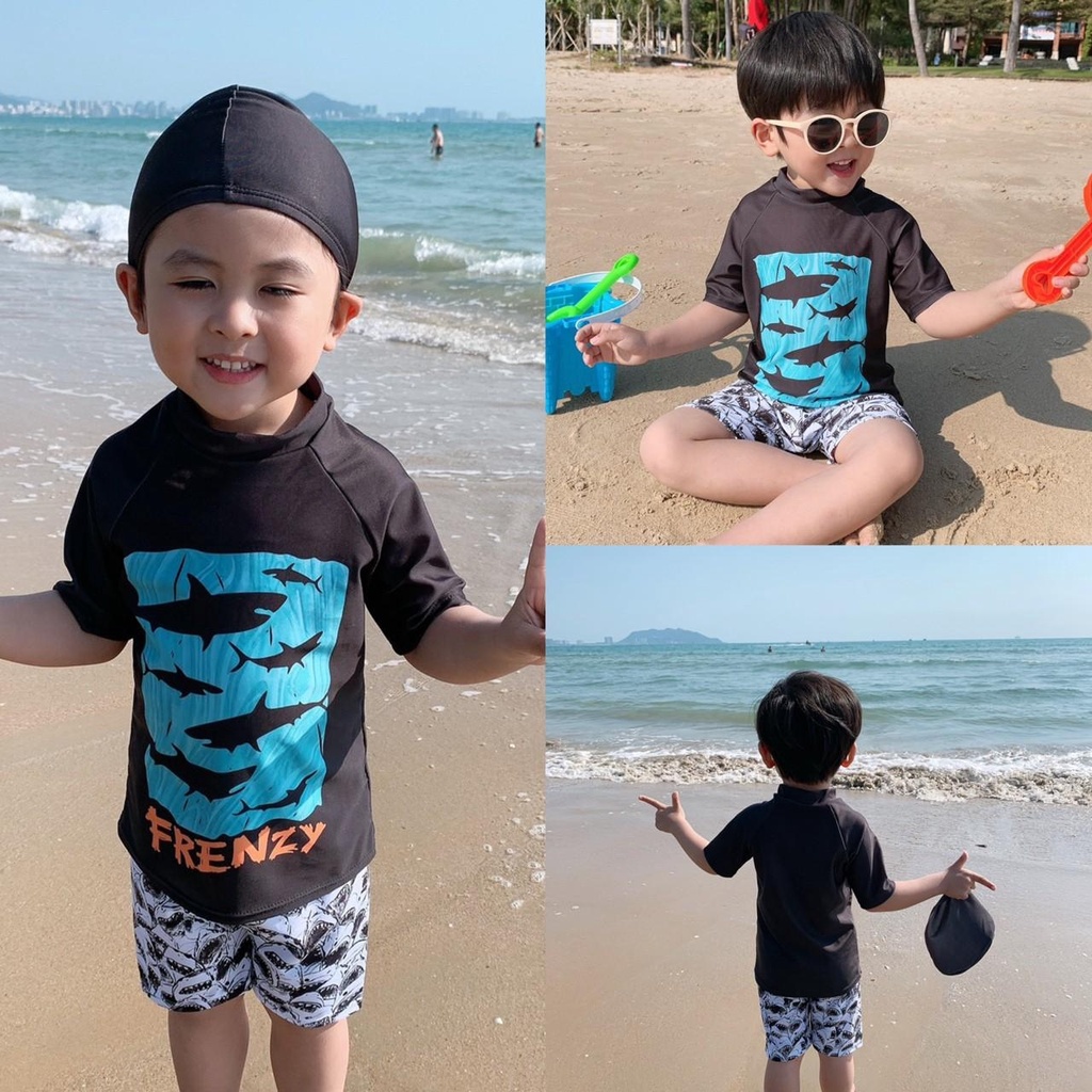 🔥🔥現貨🔥🔥 韓版男童 寶寶 海底 鯊魚 字母 兩件式 泳衣 泳褲 套裝 附泳帽 韓版泳衣 防曬泳衣 兒童 中大童