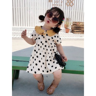 女童裝復古點點連身衣黃領可愛洋裝尺碼130