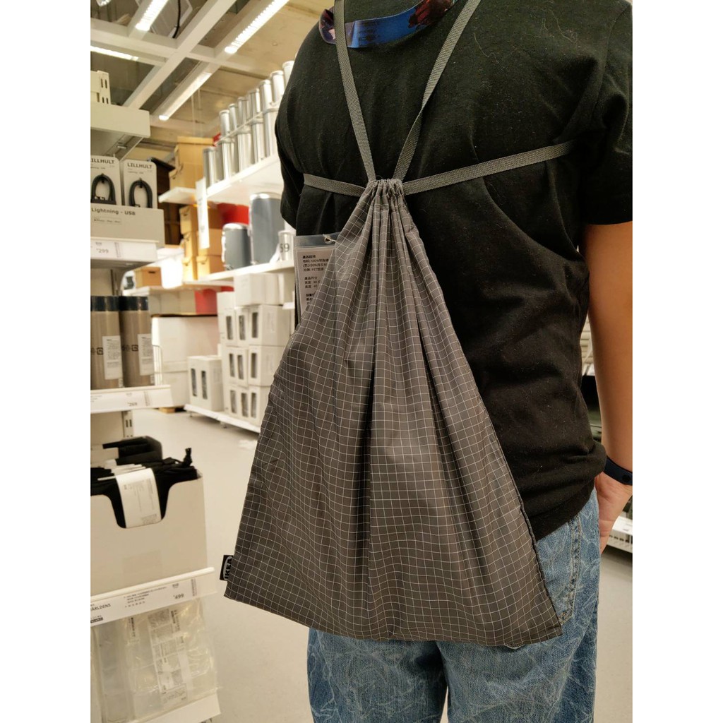 現貨 IKEA正版 格紋束口背包 收納袋 後背手提兩用包 隨身購物袋 環保購物袋 RENSARE 背包, 方格/黑色