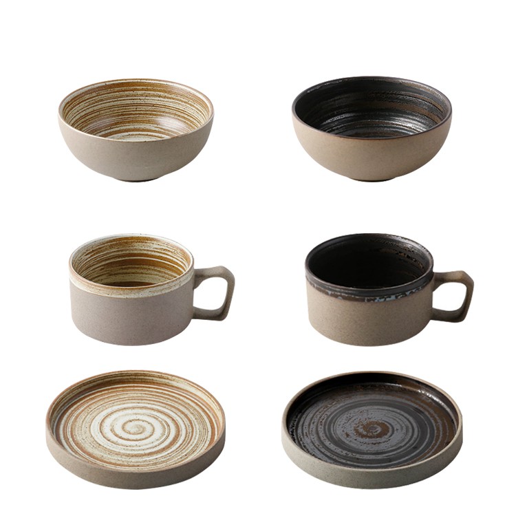 餐具組 日式復古螺紋手工 陶瓷餐具 杯子 杯墊 盤子 餐盤組 碗 日式餐具 復古風 螺紋 陶瓷