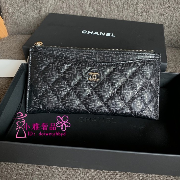 二手正品chanel A 香奈兒黑色荔枝牛皮金雙c Logo 扁式拉鍊長夾 蝦皮購物