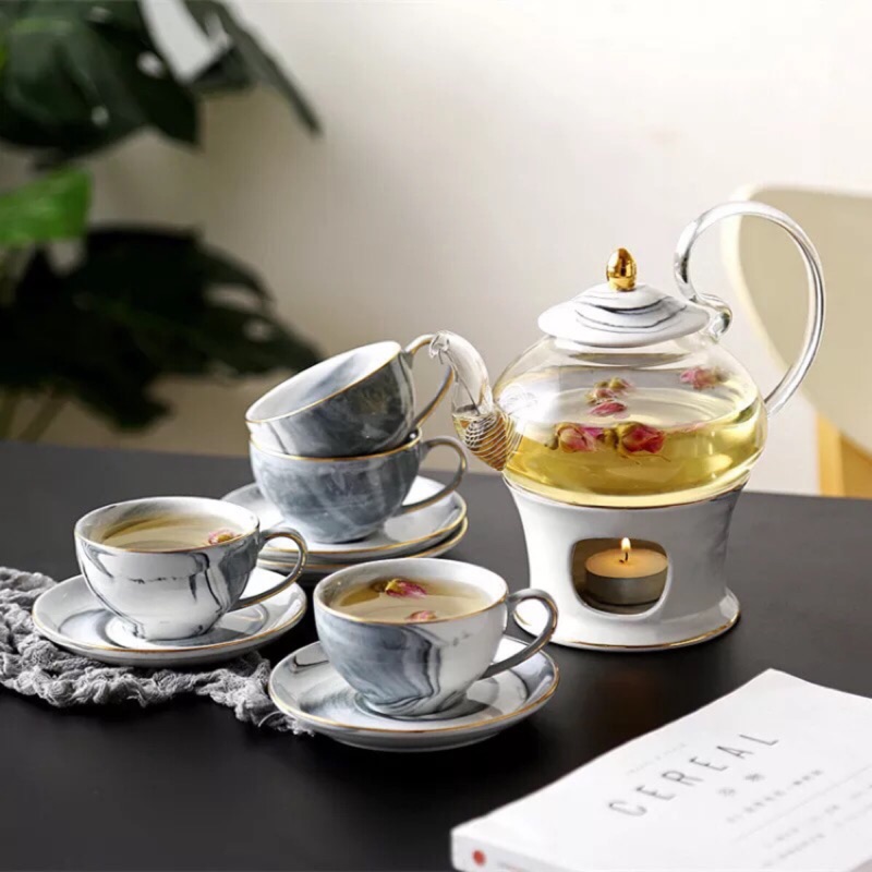 歐式彩色大理石紋描金質感 玻璃茶壺 茶壺  情侶杯 杯碟組 陶瓷咖啡杯 咖啡杯盤