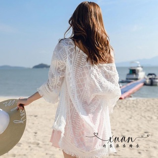 Xuan♥波西米亞風—蕾絲雪紡衫 比基尼罩衫 度假沙灘防曬衣 白色罩衫 透視鏤空針織七分袖薄外套 TC201