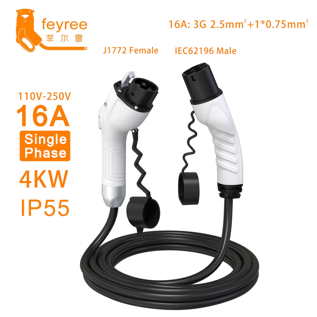 feyree 16A 歐美J1772 至Type 2 IEC 62196-2 電動車充電器帶5m 電纜