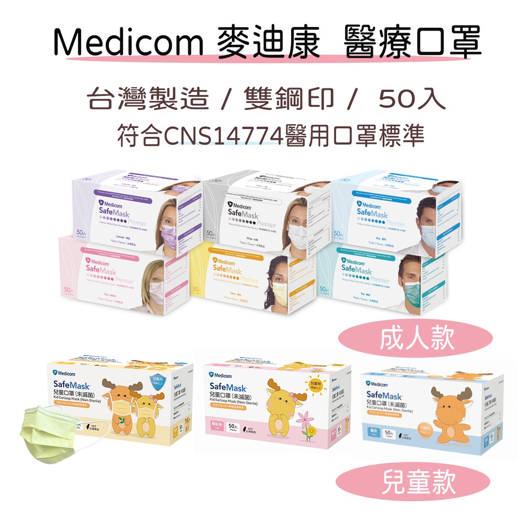 [台灣出貨] Medicom 麥迪康 國家隊 醫療口罩 (50片/盒)成人口罩兒童口罩台灣製口罩 雙鋼印 醫護口罩