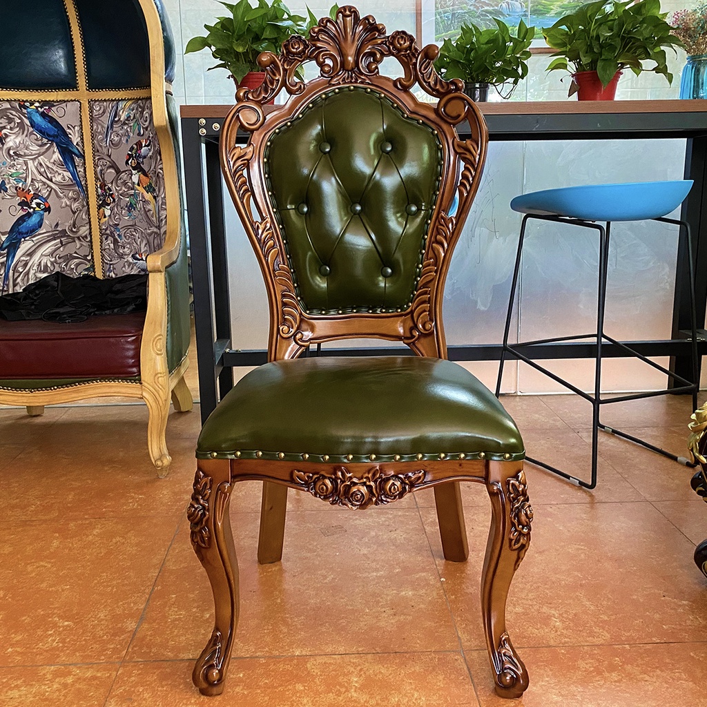 美式別墅高檔橡木配套餐椅歐式進口頭層牛皮豪華真皮實木做舊餐椅