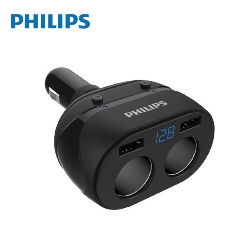（全新）Philips 飛利浦 電壓顯示一轉二雙USB車充 點菸器